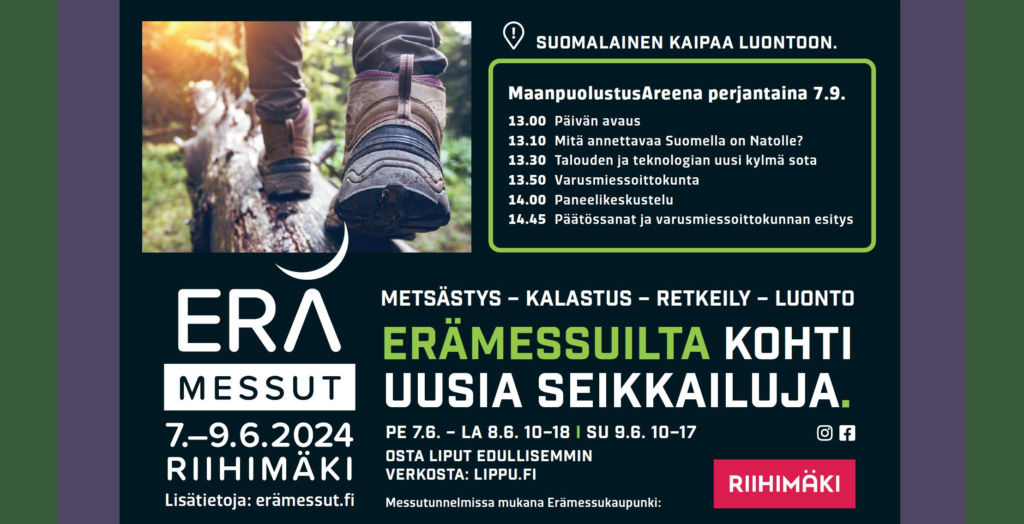 Mainos Erämessuista Riihimäellä 7.-9.5.2024. Pääsyliput Lippu.fi kaupasta